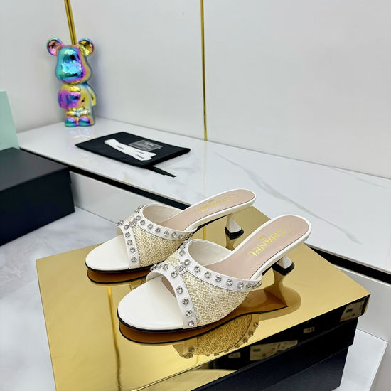 Chanel Woven Rhinestone Low Heel Slide Sandals Comfortable Sole