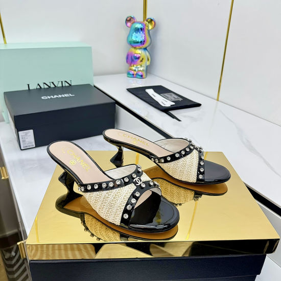 Chanel Woven Rhinestone Low Heel Slide Sandals Comfortable Sole