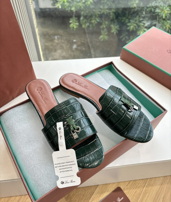 Loro Piana Embossed Leather Low Heel Slides Premium Lined Footwear