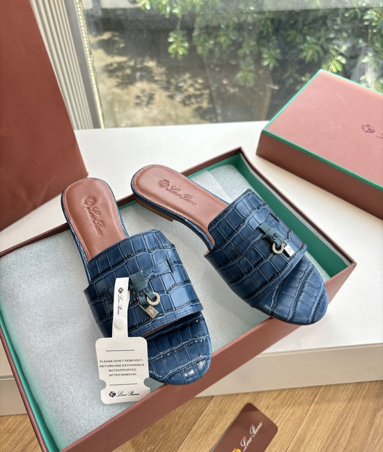 Loro Piana Embossed Leather Low Heel Slides Premium Lined Footwear