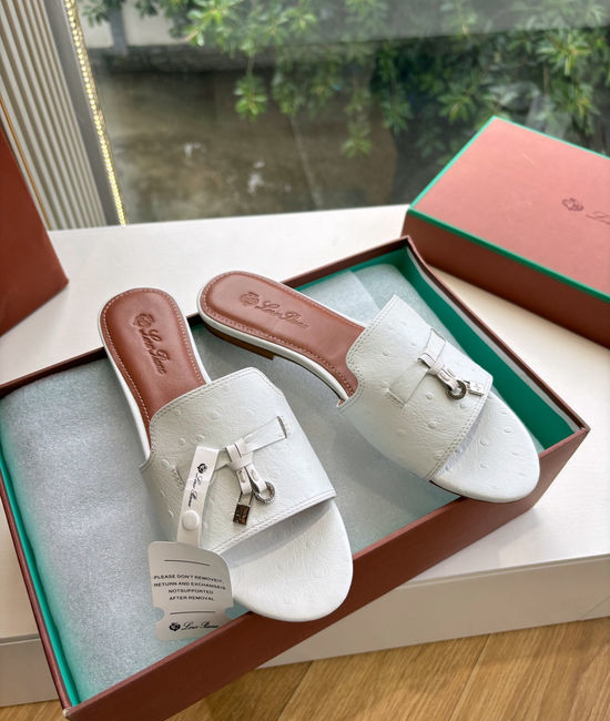 Loro Piana Ostrich Pattern Leather Flat Slide Sandals