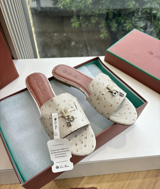 Loro Piana Ostrich Pattern Leather Flat Slide Sandals