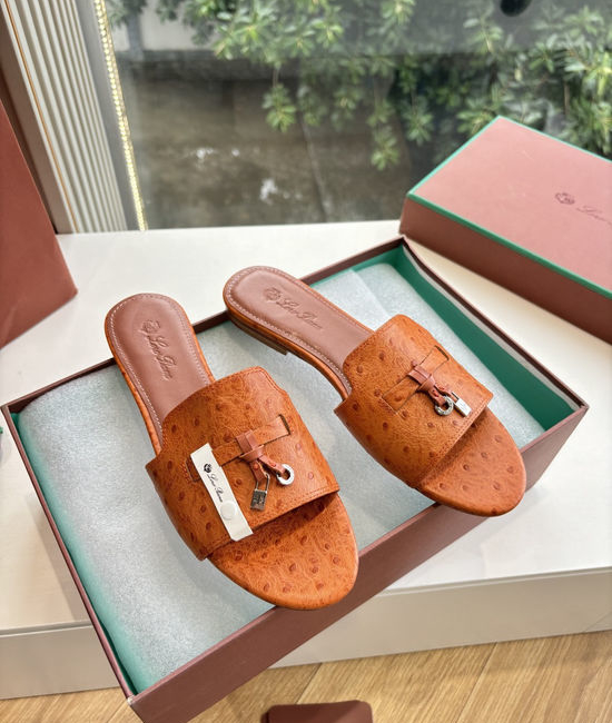 Loro Piana Ostrich Pattern Leather Flat Slide Sandals