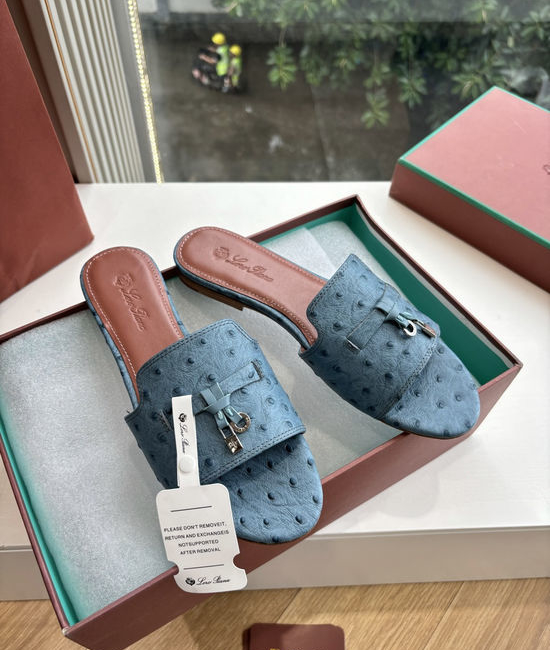 Loro Piana Ostrich Pattern Leather Flat Slide Sandals