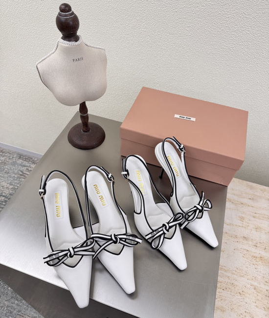 Miu Miu White Bow Mid Heel Slingback Lambskin Leather Shoes