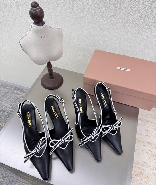 Miu Miu Black Bow Mid Heel Slingback Lambskin Leather Shoes