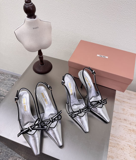 Miu Miu Silver Bow Backless Mid Heel Pumps Leather Outsole