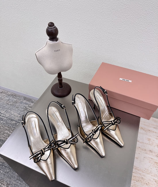 Miu Miu Golden Bow Mid Heel Slingback Lambskin Leather Shoes