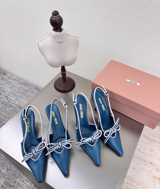 Miu Miu Peacock Blue Bow Backless High Heel Pumps Sheepskin Lined