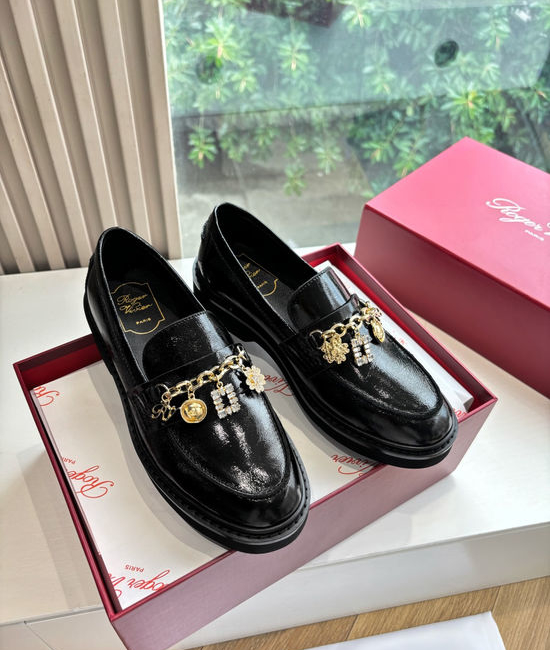 Roger Viver RV Rhinestone Chain Loafers Comfortable Versatile Leather Shoes