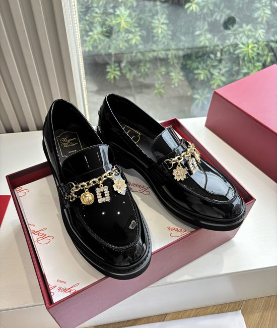 Roger Viver RV Rhinestone Chain Loafers Comfortable Versatile Leather Shoes