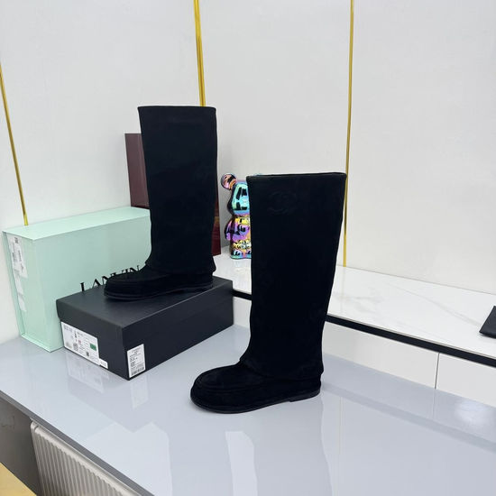 Chanel High-Shine Suede Boots with Classic Double C Logo