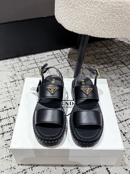 Prada Cut Out Leather Sandals With Metal Emblem Non Slip Sole
