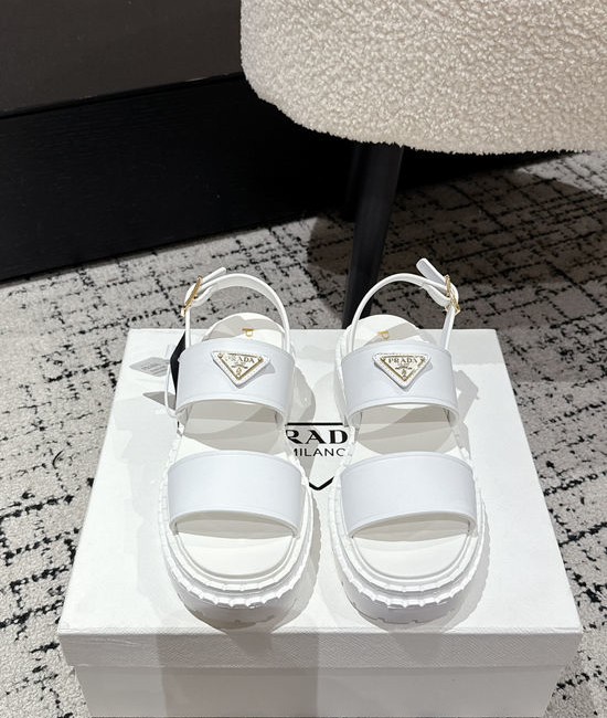 Prada Cut Out Leather Sandals With Metal Emblem Non Slip Sole