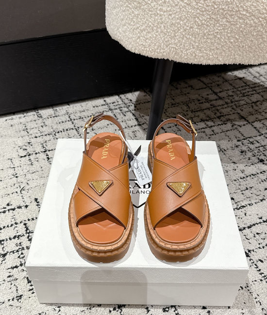 Prada Cut Out Leather Sandals With Metal Emblem Non Slip Sole