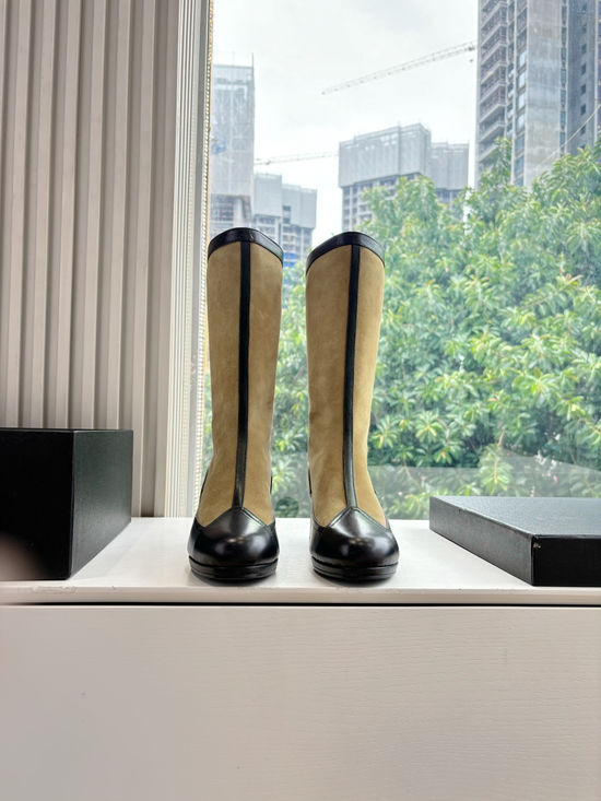 Chanel Letter Embellished Leather Knee High Riding Boots