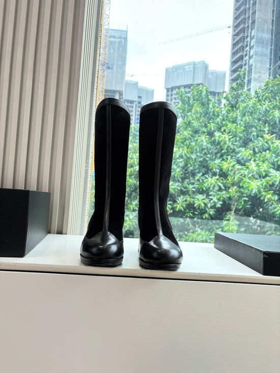 Chanel Letter Embellished Leather Knee High Riding Boots