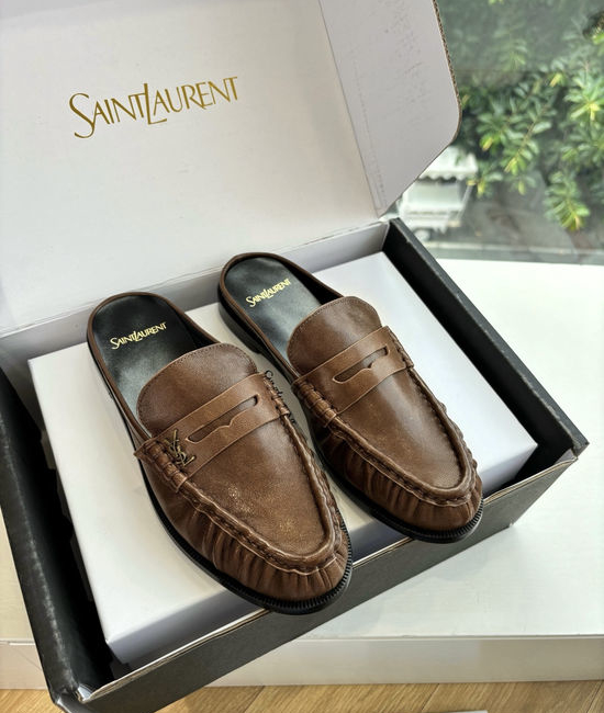 Yves Saint Laurent YSL Classic Small Logo Mule Loafers Almond Toe Leather Shoes