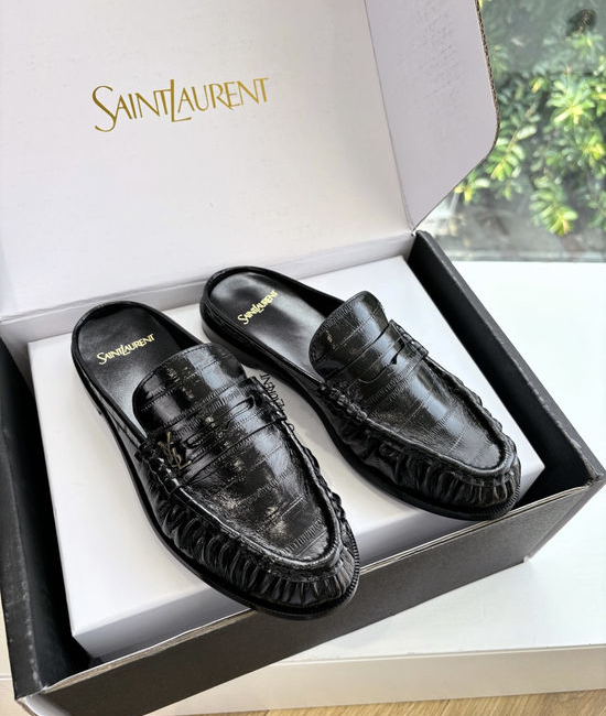 Yves Saint Laurent YSL Classic Small Logo Mule Loafers Almond Toe Leather Shoes