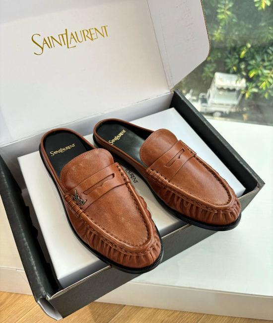 Yves Saint Laurent YSL Classic Small Logo Mule Loafers Almond Toe Leather Shoes
