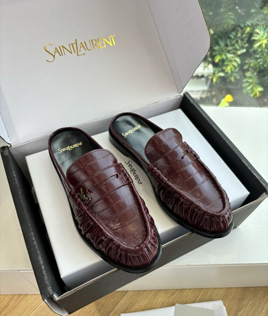 Yves Saint Laurent YSL Classic Small Logo Mule Loafers Almond Toe Leather Shoes