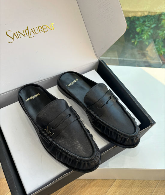 Yves Saint Laurent YSL Classic Small Logo Mule Loafers Almond Toe Leather Shoes