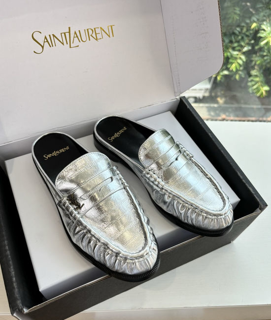 Yves Saint Laurent YSL Classic Small Logo Mule Loafers Almond Toe Leather Shoes