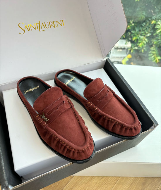Yves Saint Laurent YSL Classic Small Logo Mule Loafers Almond Toe Leather Shoes
