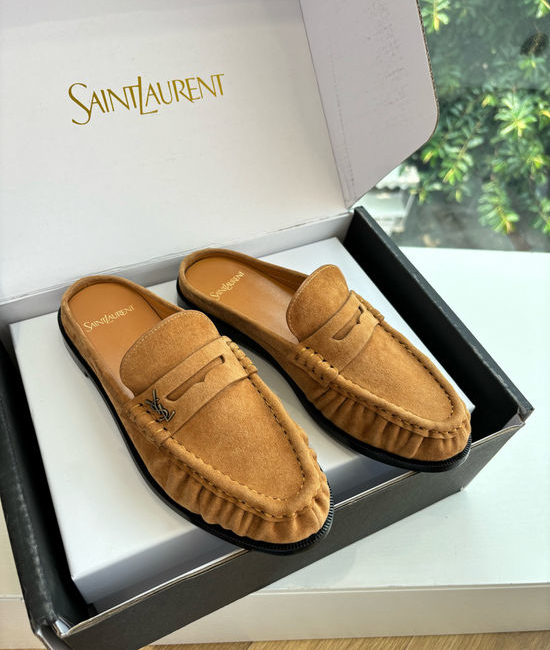 Yves Saint Laurent YSL Classic Small Logo Mule Loafers Almond Toe Leather Shoes