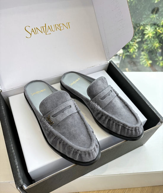 Yves Saint Laurent YSL Classic Small Logo Mule Loafers Almond Toe Leather Shoes
