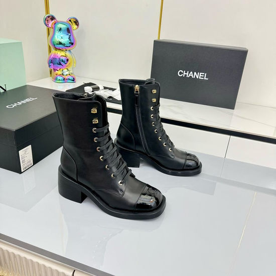 Chanel Genuine Leather Combat Boots With Metal Buckle Detail