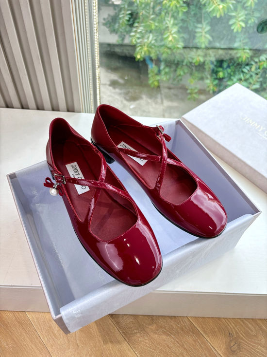 Jimmy Choo Pearl Decor Cross Strap Leather Mary Jane Flat Shoes