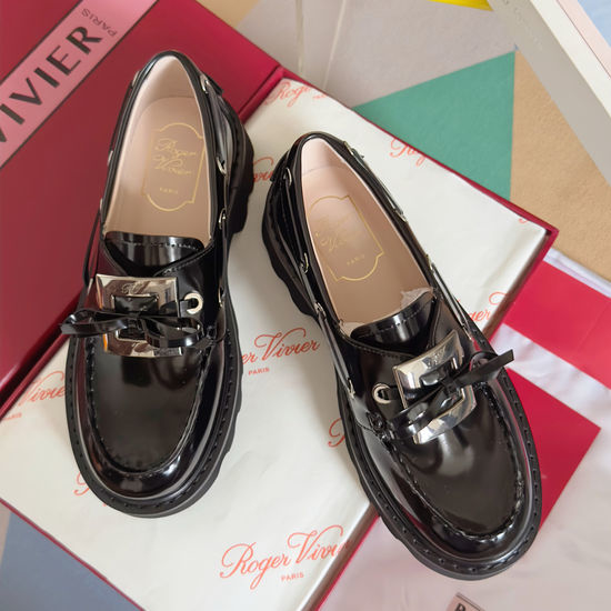 Roger Viver RV Rhinestone Buckle Platform Leather Loafers Anti-slip Sole