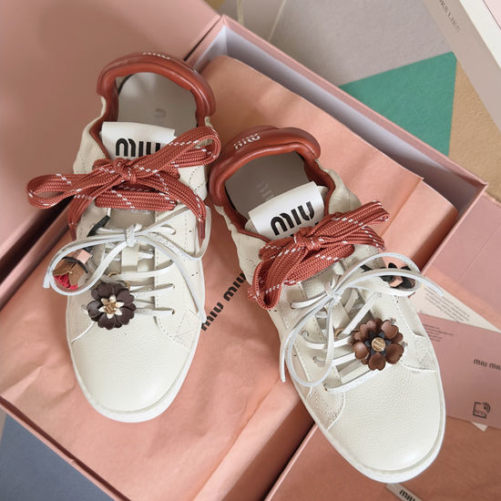 Miu Miu Cowhide Lace Up Casual Comfort White Sneakers