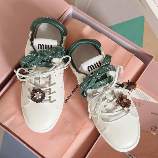 Miu Miu Cowhide Lace Up Casual Comfort White Sneakers