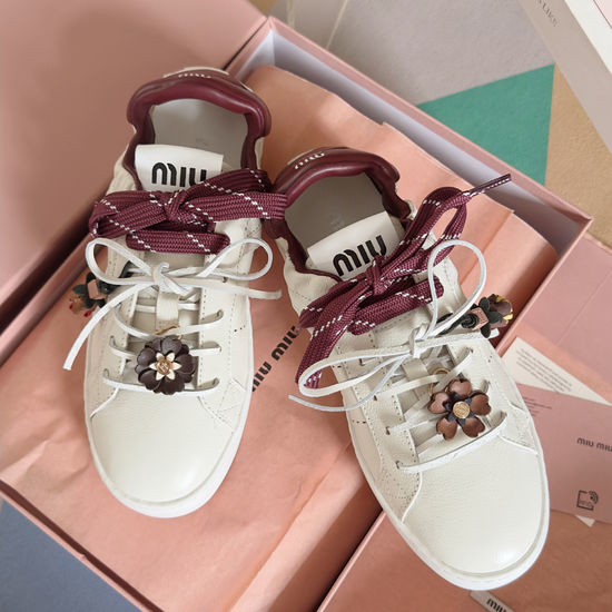 Miu Miu Cowhide Lace Up Casual Comfort White Sneakers