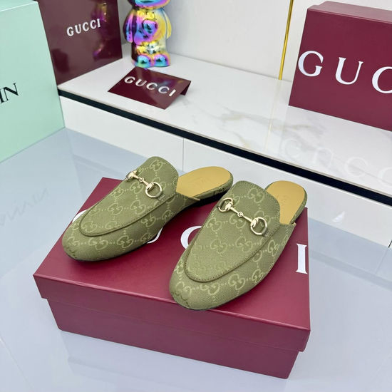 Gucci Rhinestone Adorned Canvas Loafer Mules with Leather Sole