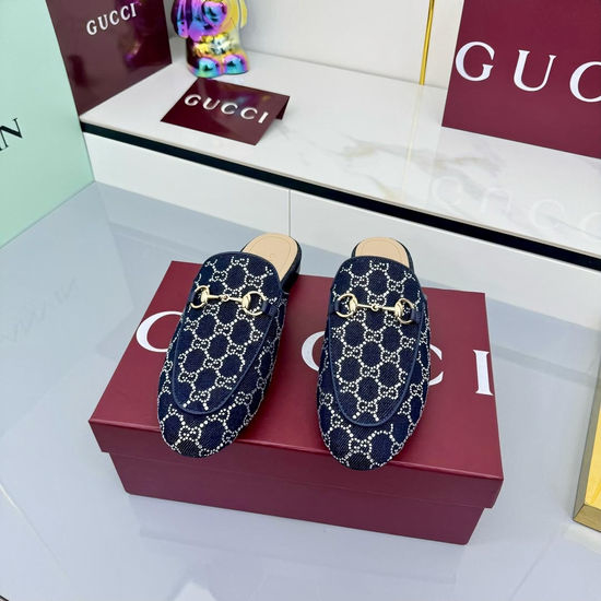 Gucci Rhinestone Decorated Canvas Loafer Mules with Leather Sole