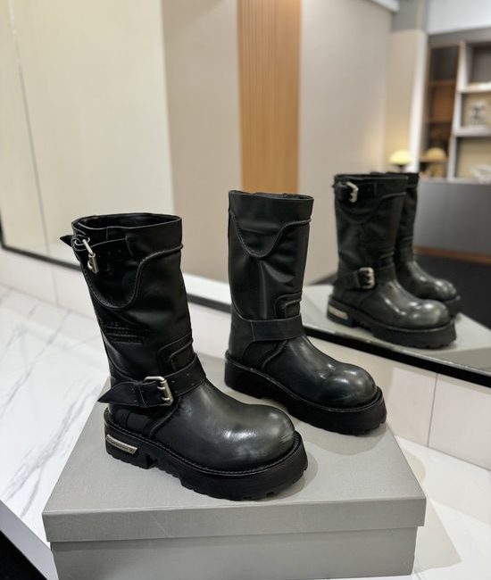 Balenciaga Vintage Buckle Calfskin Mid Calf Boots with Rubber Sole