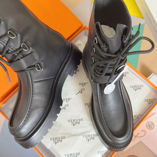 Hermes Genuine Cowhide Lace-up Ankle Boots with Platform Sole