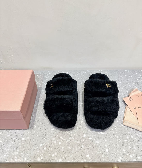 Miu Miu Magic Tape Closure Genuine Wool Lined Warm Slippers