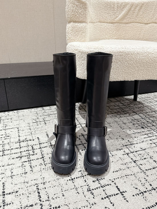 Prada Genuine Leather Slip-on Knee High Boots Elegant Slim Fit