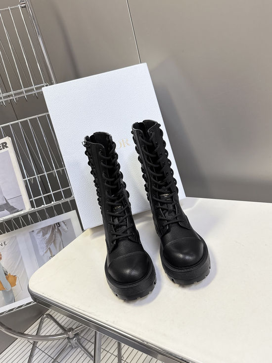 Christian Dior Classic Leather Tall Combat Boots with Logo Details
