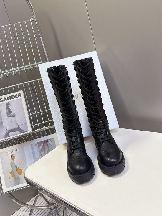 Christian Dior Sleek Leather Tall Combat Boots with Logo Accents