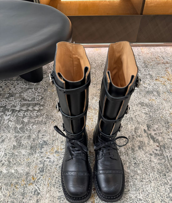 Miu Miu Classic Leather Biker Boots with Low Heel
