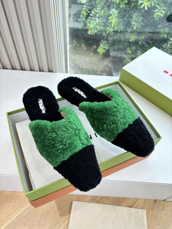 Marni Color Block Fuzzy Slip On Flat Mule Slippers