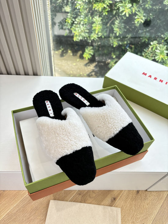 Marni Color Block Fuzzy Slip On Flat Mule Slippers