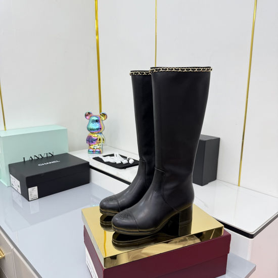Chanel Classic Decorative Chunky Heel Knee High Leather Boots