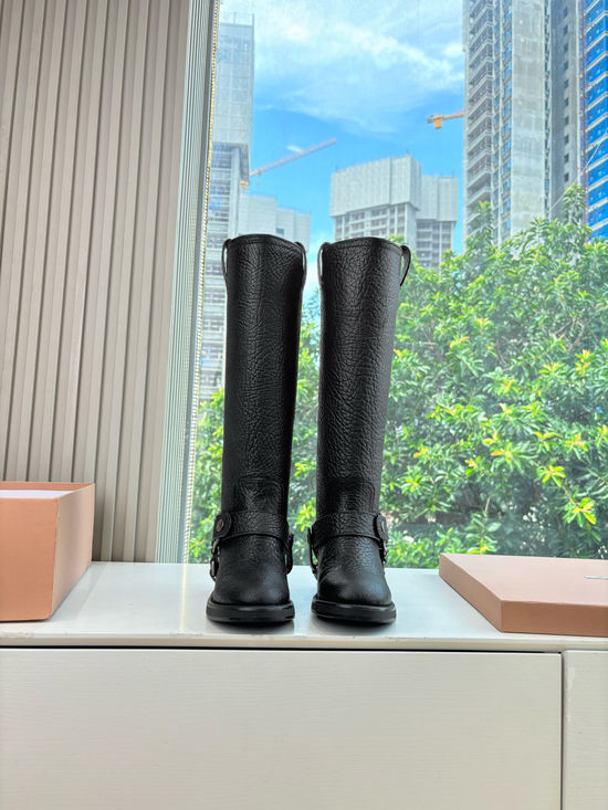 Miu Miu Premium Leather Retro Biker Boots Comfortable Walking Footwear
