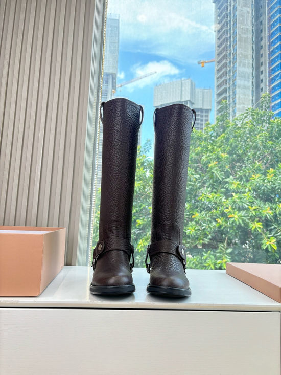 Miu Miu Premium Leather Retro Biker Boots Comfortable Walking Footwear